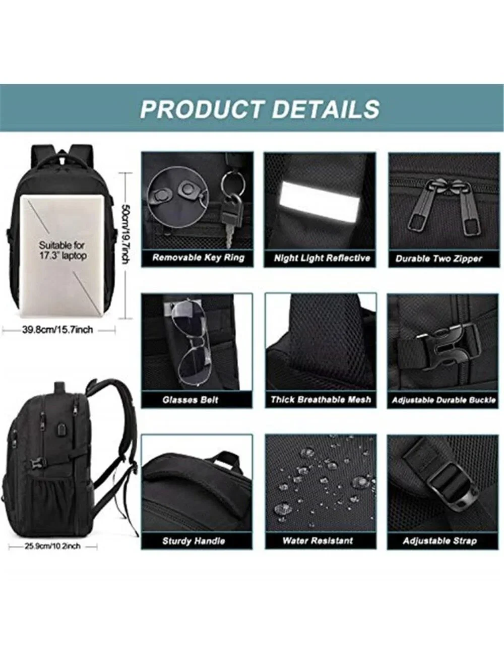50L Travel Laptop Backpack Men 17 Inch USB Charging TSA Friendly Anti Theft Bag